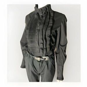 Vintage Rocco Barocco Black Cotton Blend Ruffled Long Sleeve Dress Shirt US 8